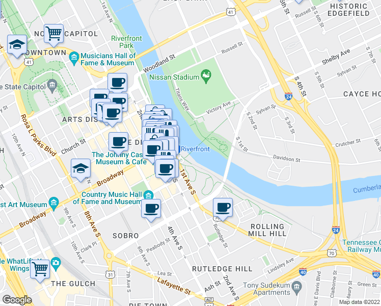 map of restaurants, bars, coffee shops, grocery stores, and more near Music City Bikeway in Nashville