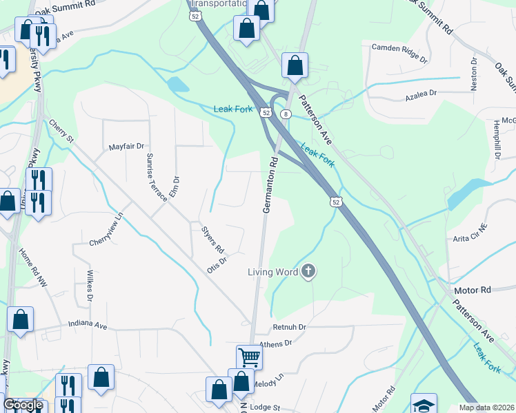 map of restaurants, bars, coffee shops, grocery stores, and more near 105 Granada Court in Winston-Salem