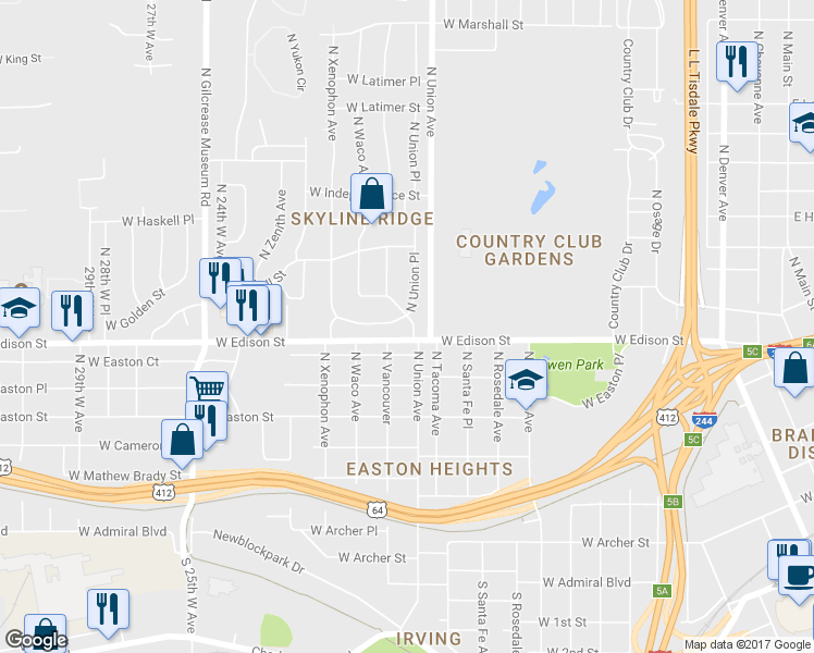 map of restaurants, bars, coffee shops, grocery stores, and more near 1722 West Fairview Street in Tulsa