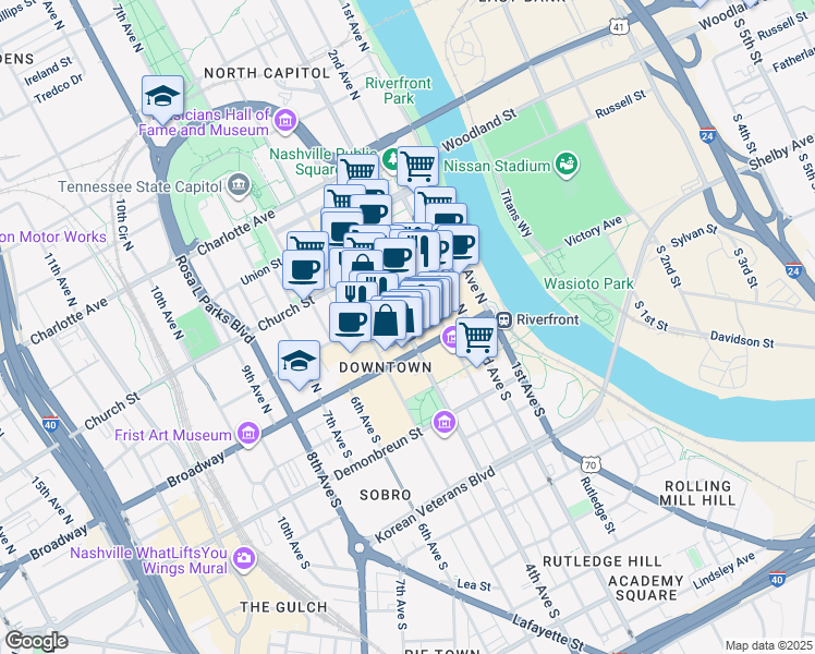 map of restaurants, bars, coffee shops, grocery stores, and more near 333 Commerce Street in Nashville