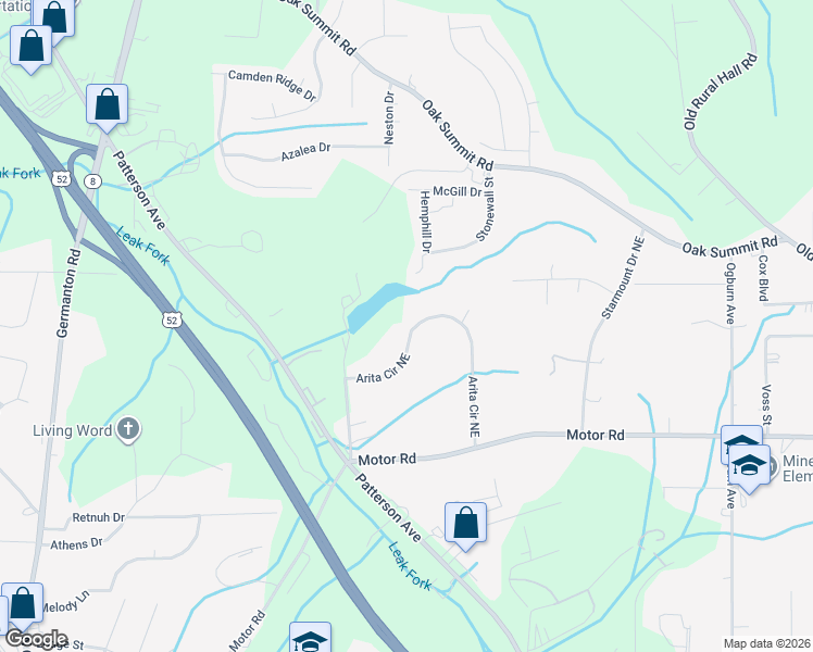map of restaurants, bars, coffee shops, grocery stores, and more near 38 Arita Circle Northeast in Winston-Salem