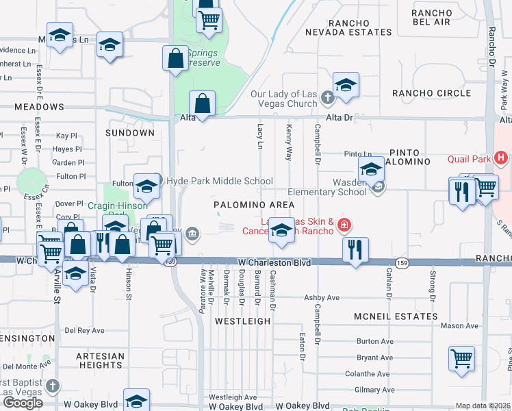 map of restaurants, bars, coffee shops, grocery stores, and more near 818 Lacy Lane in Las Vegas