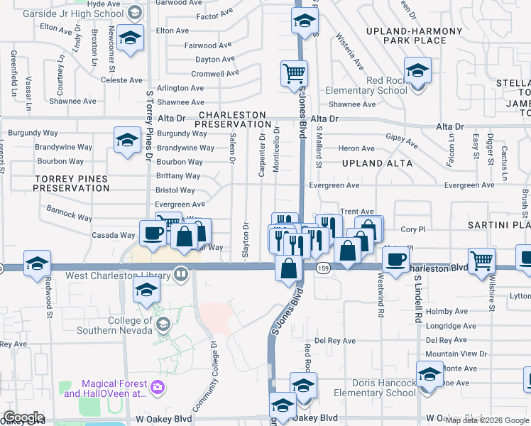map of restaurants, bars, coffee shops, grocery stores, and more near 808 Monticello Drive in Las Vegas