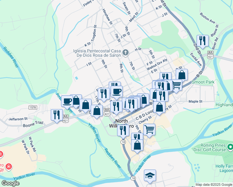 map of restaurants, bars, coffee shops, grocery stores, and more near 909 E Street in North Wilkesboro