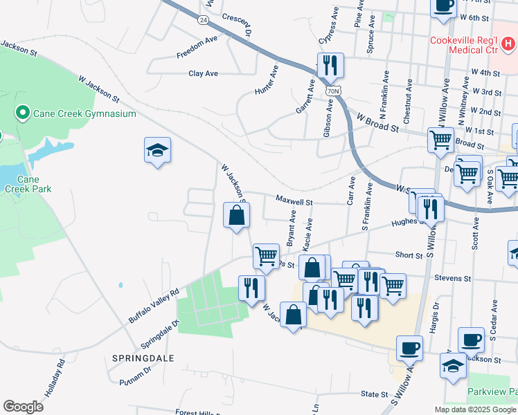 map of restaurants, bars, coffee shops, grocery stores, and more near 231 Farley Avenue in Cookeville