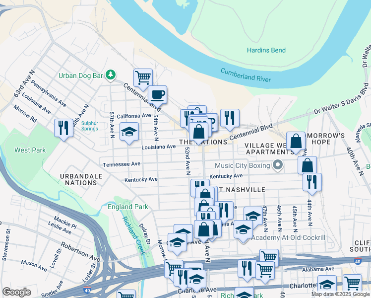 map of restaurants, bars, coffee shops, grocery stores, and more near 5117 Louisiana Avenue in Nashville