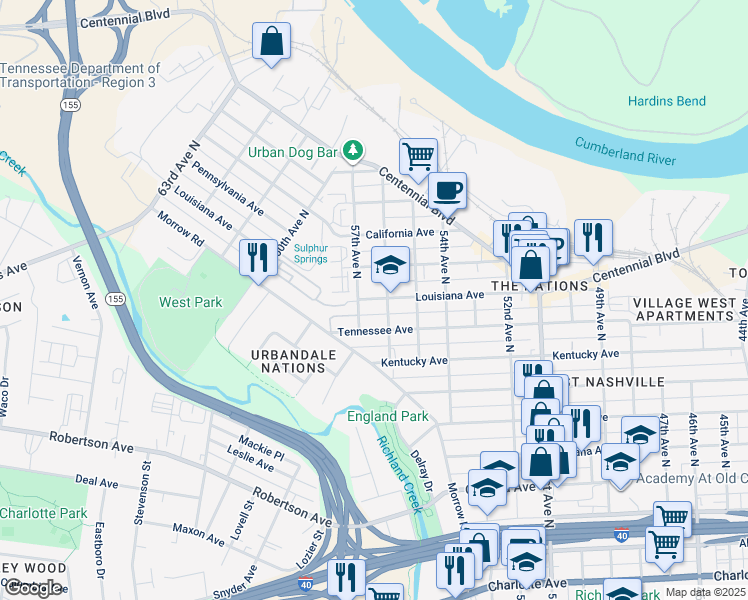 map of restaurants, bars, coffee shops, grocery stores, and more near 5602 Louisiana Avenue in Nashville