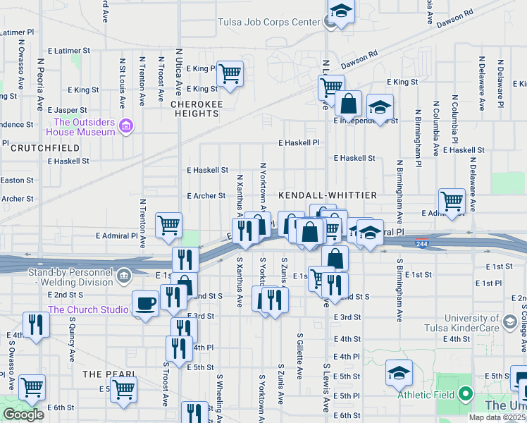 map of restaurants, bars, coffee shops, grocery stores, and more near 58 North Yorktown Avenue in Tulsa