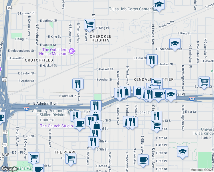 map of restaurants, bars, coffee shops, grocery stores, and more near 59 North Victor Avenue in Tulsa