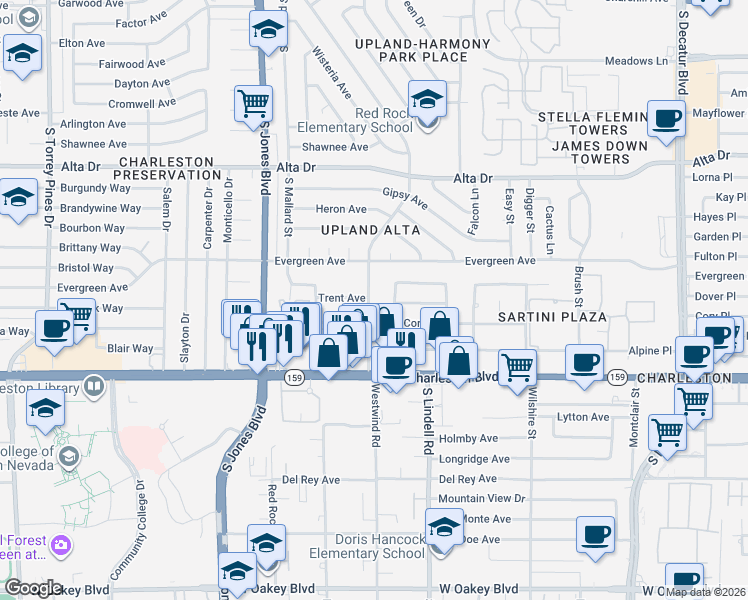 map of restaurants, bars, coffee shops, grocery stores, and more near 900 Upland Boulevard in Las Vegas