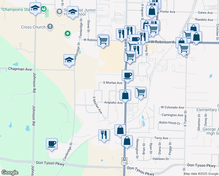 map of restaurants, bars, coffee shops, grocery stores, and more near 1404 Dividend Drive in Springdale