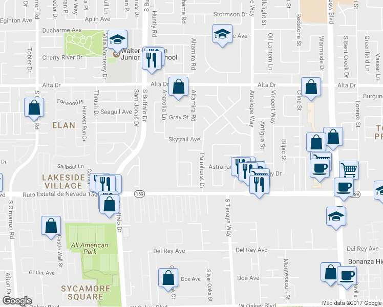 map of restaurants, bars, coffee shops, grocery stores, and more near 7213 John Glenn Circle in Las Vegas