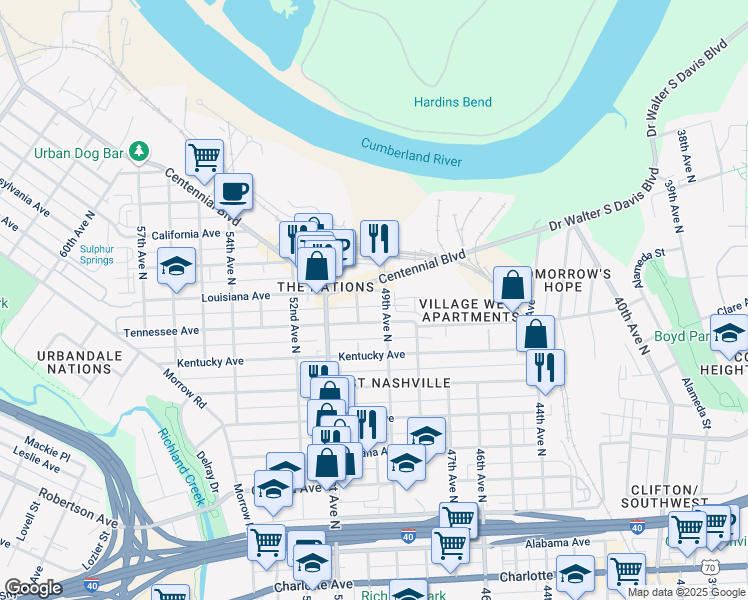 map of restaurants, bars, coffee shops, grocery stores, and more near 4905 Louisiana Avenue in Nashville