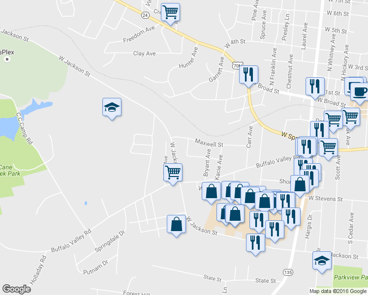 map of restaurants, bars, coffee shops, grocery stores, and more near 231 Farley Avenue in Cookeville
