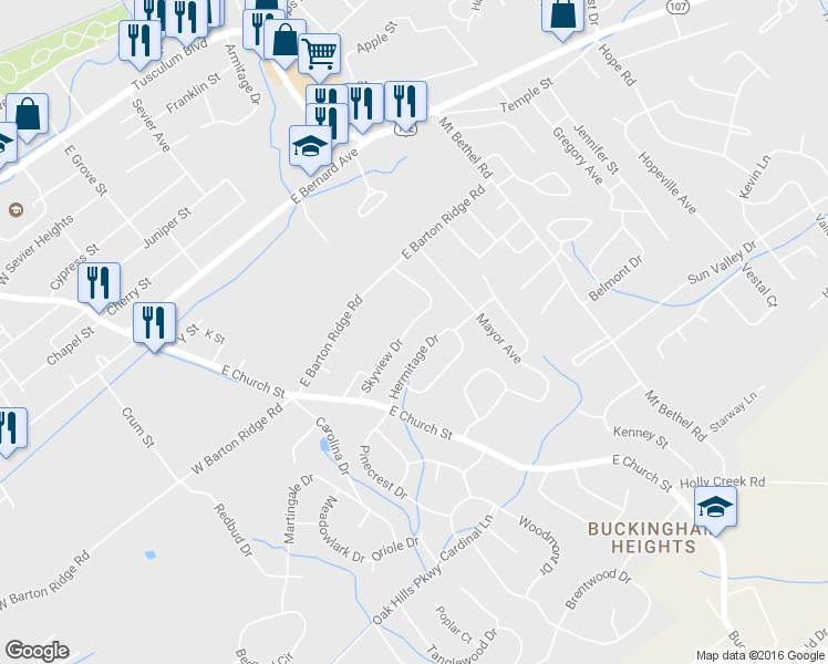 map of restaurants, bars, coffee shops, grocery stores, and more near 124 Skyview Drive in Greeneville