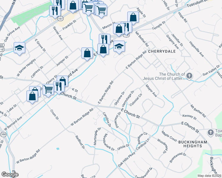 map of restaurants, bars, coffee shops, grocery stores, and more near 614 East Barton Ridge Road in Greeneville