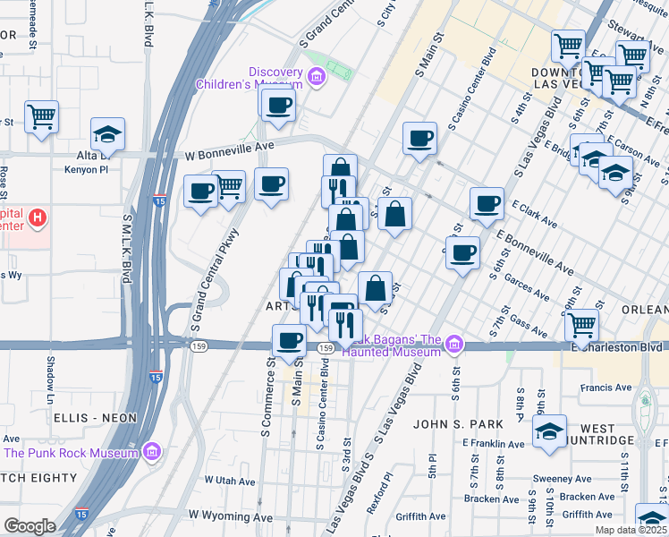 map of restaurants, bars, coffee shops, grocery stores, and more near 901 South Main Street in Las Vegas