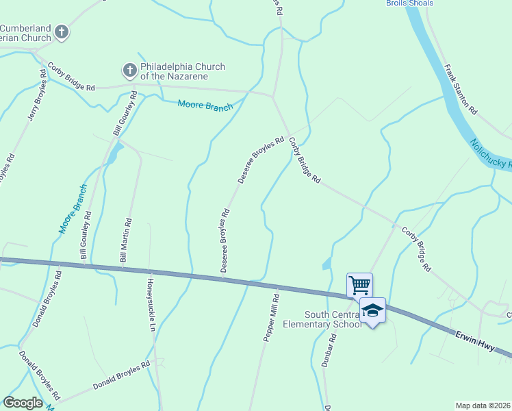 map of restaurants, bars, coffee shops, grocery stores, and more near 123 Deseree Broyles Road in Chuckey