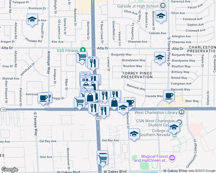 map of restaurants, bars, coffee shops, grocery stores, and more near 6701 Theus Circle in Las Vegas