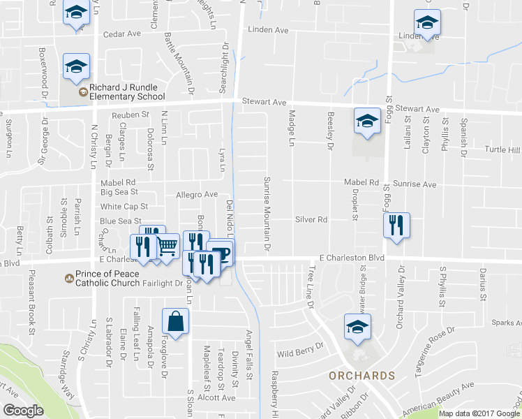 map of restaurants, bars, coffee shops, grocery stores, and more near 5986 Sandra Field Court in Las Vegas