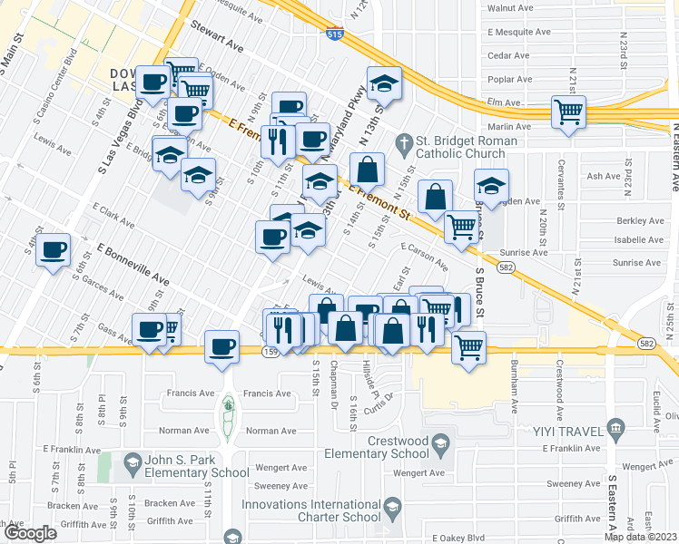 map of restaurants, bars, coffee shops, grocery stores, and more near 1409 Joshua Way in Las Vegas