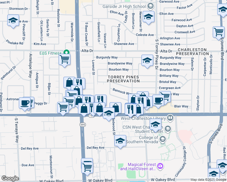 map of restaurants, bars, coffee shops, grocery stores, and more near 6549 Bannock Way in Las Vegas
