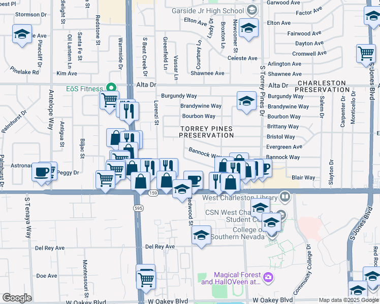 map of restaurants, bars, coffee shops, grocery stores, and more near 6549 Bannock Way in Las Vegas