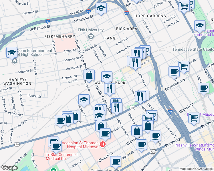 map of restaurants, bars, coffee shops, grocery stores, and more near 613 17th Avenue North in Nashville