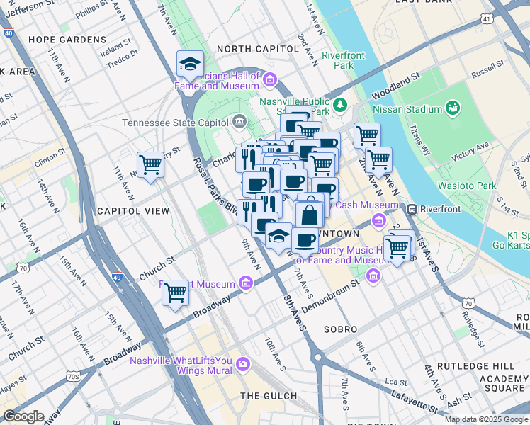 map of restaurants, bars, coffee shops, grocery stores, and more near 701 Church Street in Nashville