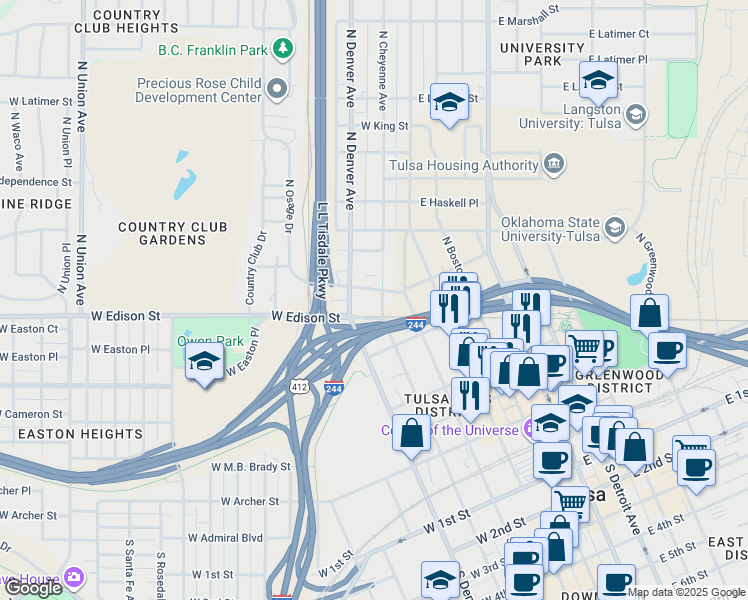 map of restaurants, bars, coffee shops, grocery stores, and more near 555 North Denver Avenue in Tulsa