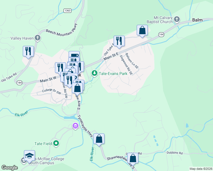 map of restaurants, bars, coffee shops, grocery stores, and more near 124 Hickory Circle in Banner Elk