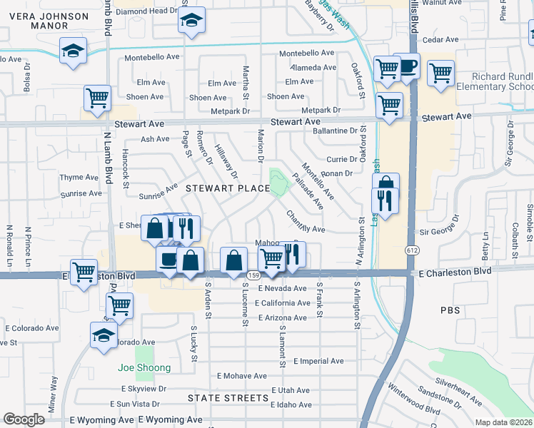 map of restaurants, bars, coffee shops, grocery stores, and more near 46 Locustwood Street in Las Vegas
