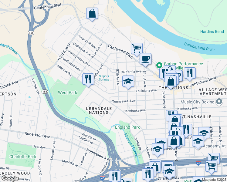 map of restaurants, bars, coffee shops, grocery stores, and more near 106 West Mill Drive in Nashville
