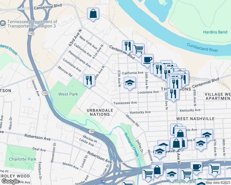 map of restaurants, bars, coffee shops, grocery stores, and more near 106 West Mill Drive in Nashville