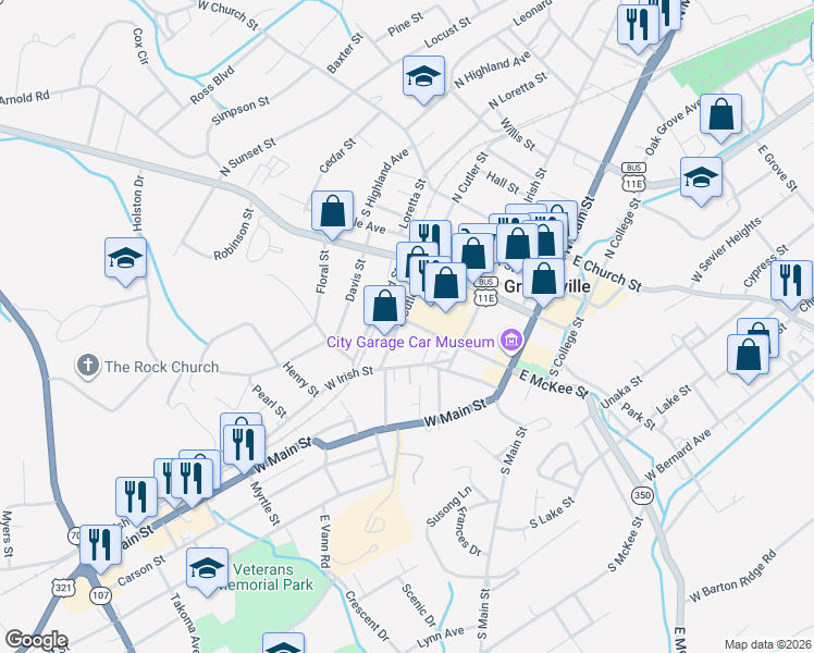 map of restaurants, bars, coffee shops, grocery stores, and more near 223 West McKee Street in Greeneville