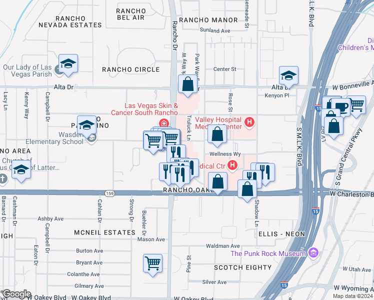 map of restaurants, bars, coffee shops, grocery stores, and more near 801 South Rancho Drive in Las Vegas