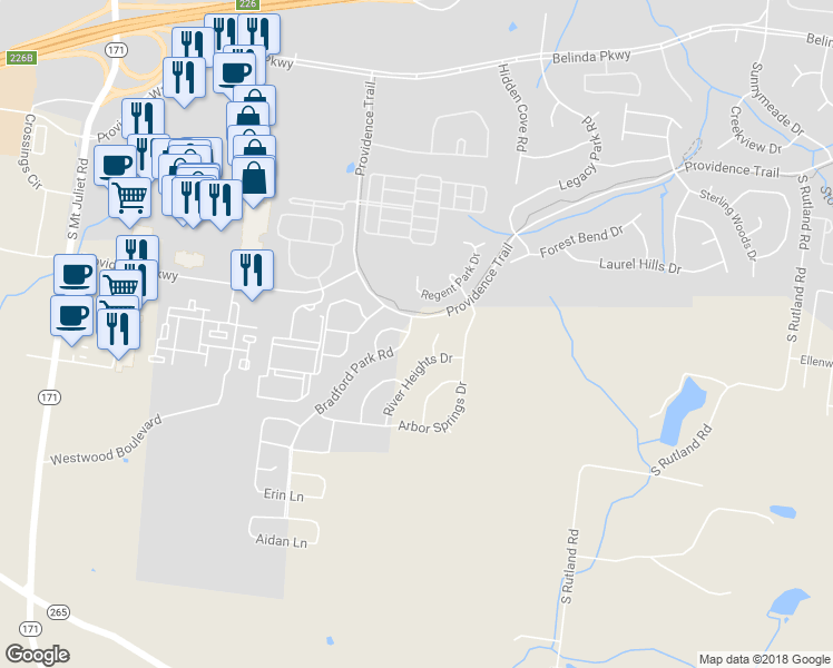 map of restaurants, bars, coffee shops, grocery stores, and more near 1005 Bradford Park Road in Mount Juliet
