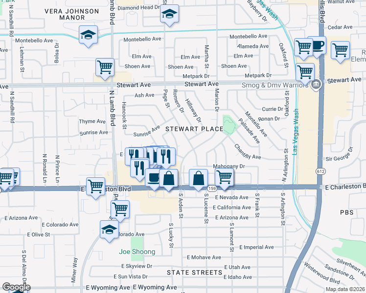 map of restaurants, bars, coffee shops, grocery stores, and more near 45 Logan Court in Las Vegas
