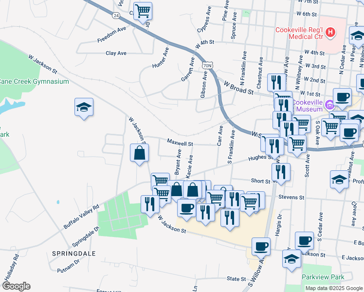 map of restaurants, bars, coffee shops, grocery stores, and more near 200 Bryant Avenue in Cookeville
