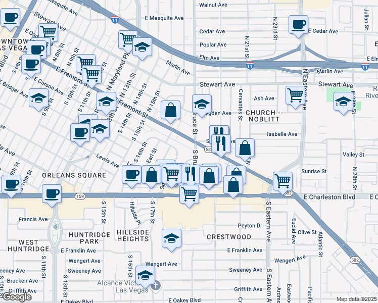map of restaurants, bars, coffee shops, grocery stores, and more near 1740 East Fremont Street in Las Vegas