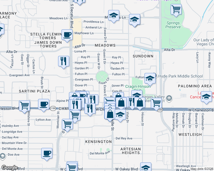 map of restaurants, bars, coffee shops, grocery stores, and more near 4324 Dover Place in Las Vegas