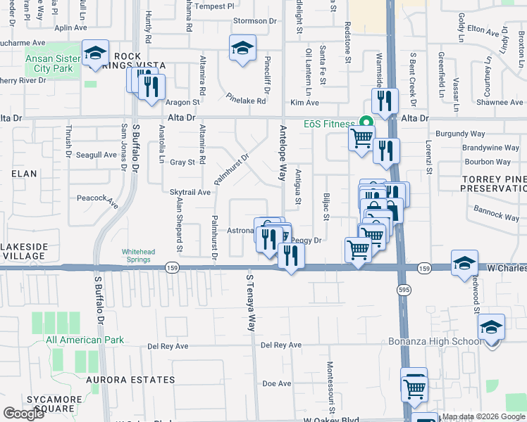 map of restaurants, bars, coffee shops, grocery stores, and more near 7020 Edwin Aldrin Circle in Las Vegas