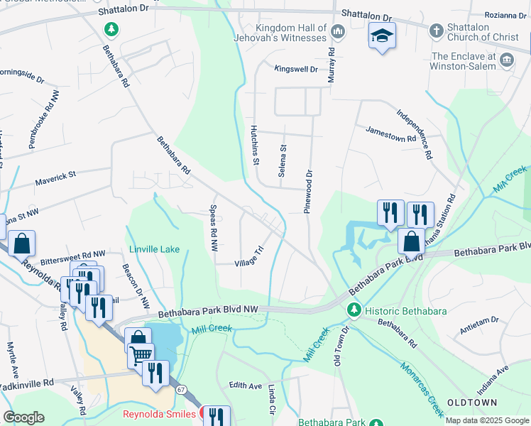 map of restaurants, bars, coffee shops, grocery stores, and more near 2367 Bethabara Road in Winston-Salem