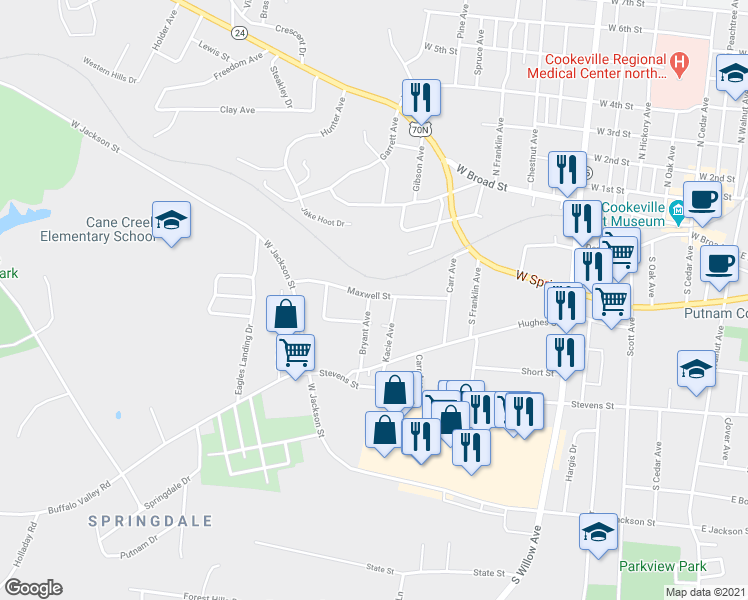 map of restaurants, bars, coffee shops, grocery stores, and more near 581 Maxwell Street in Cookeville