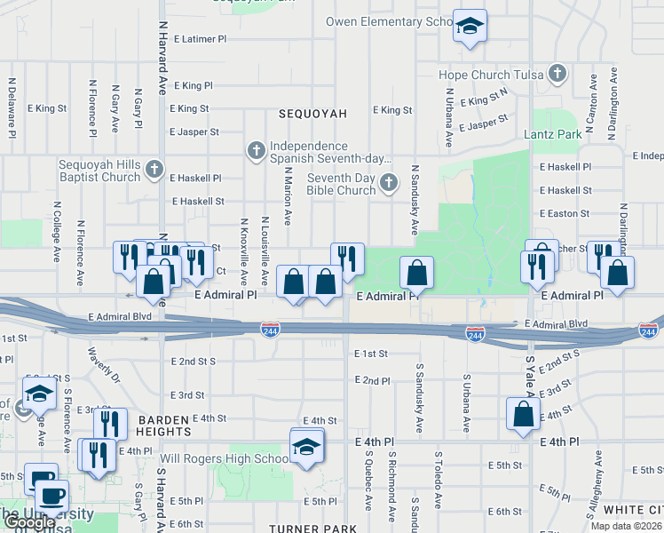 map of restaurants, bars, coffee shops, grocery stores, and more near 3927 East Admiral Court in Tulsa