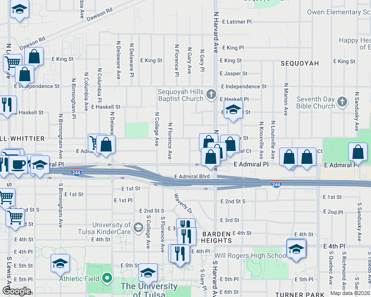 map of restaurants, bars, coffee shops, grocery stores, and more near 58 North Gary Avenue in Tulsa