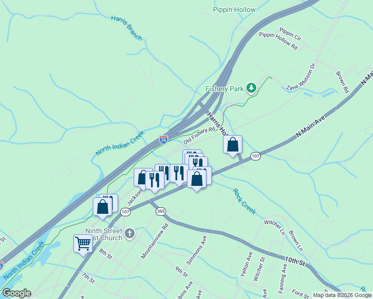 map of restaurants, bars, coffee shops, grocery stores, and more near 236 Old Fishery Road in Erwin