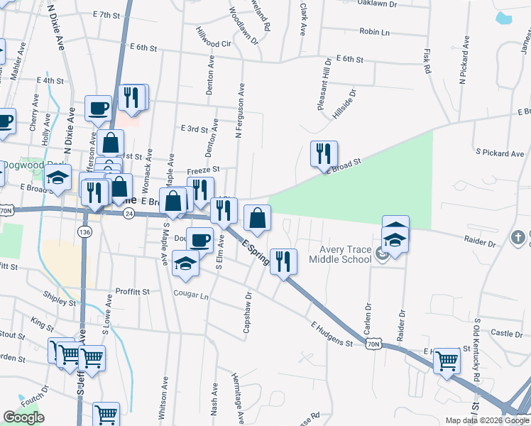 map of restaurants, bars, coffee shops, grocery stores, and more near 114 Allison Way in Algood