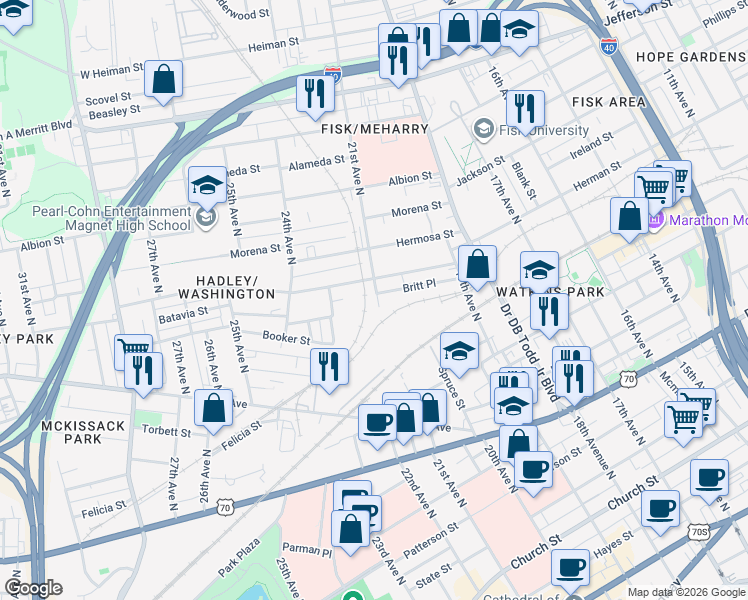map of restaurants, bars, coffee shops, grocery stores, and more near 808 21st Avenue North in Nashville