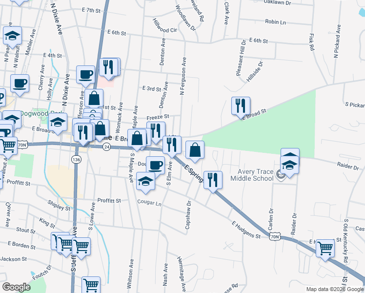 map of restaurants, bars, coffee shops, grocery stores, and more near 703 C East Broad Street in Cookeville
